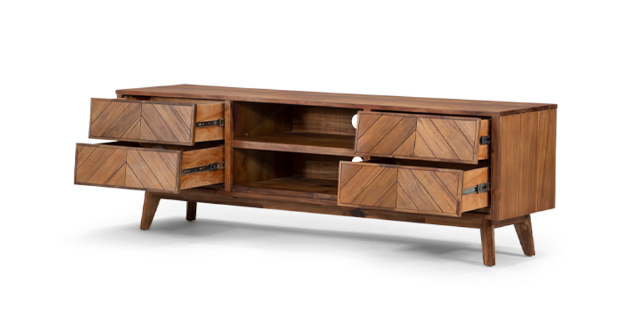 Acacia wood TV stand with four drawers and two shelves on white background